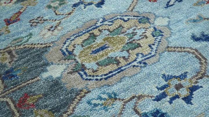 Transitional Oushak Design Red And Blue Hand Knotted Wool Rug