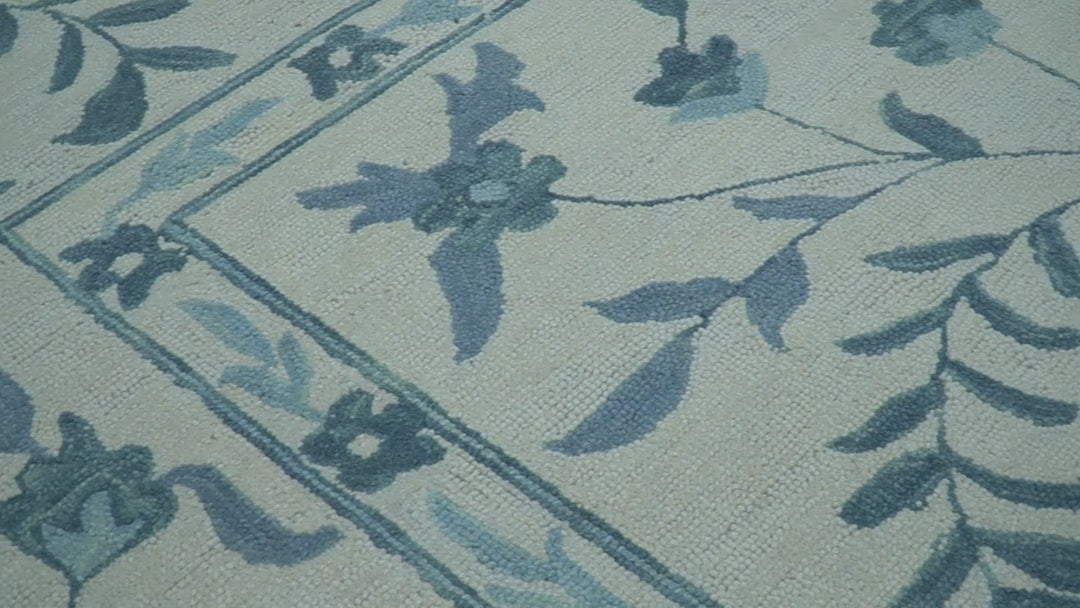 Custom Made Oriental Uzbek Design Floral Ivory And Blue Hand Tufted Wool Area Rug
