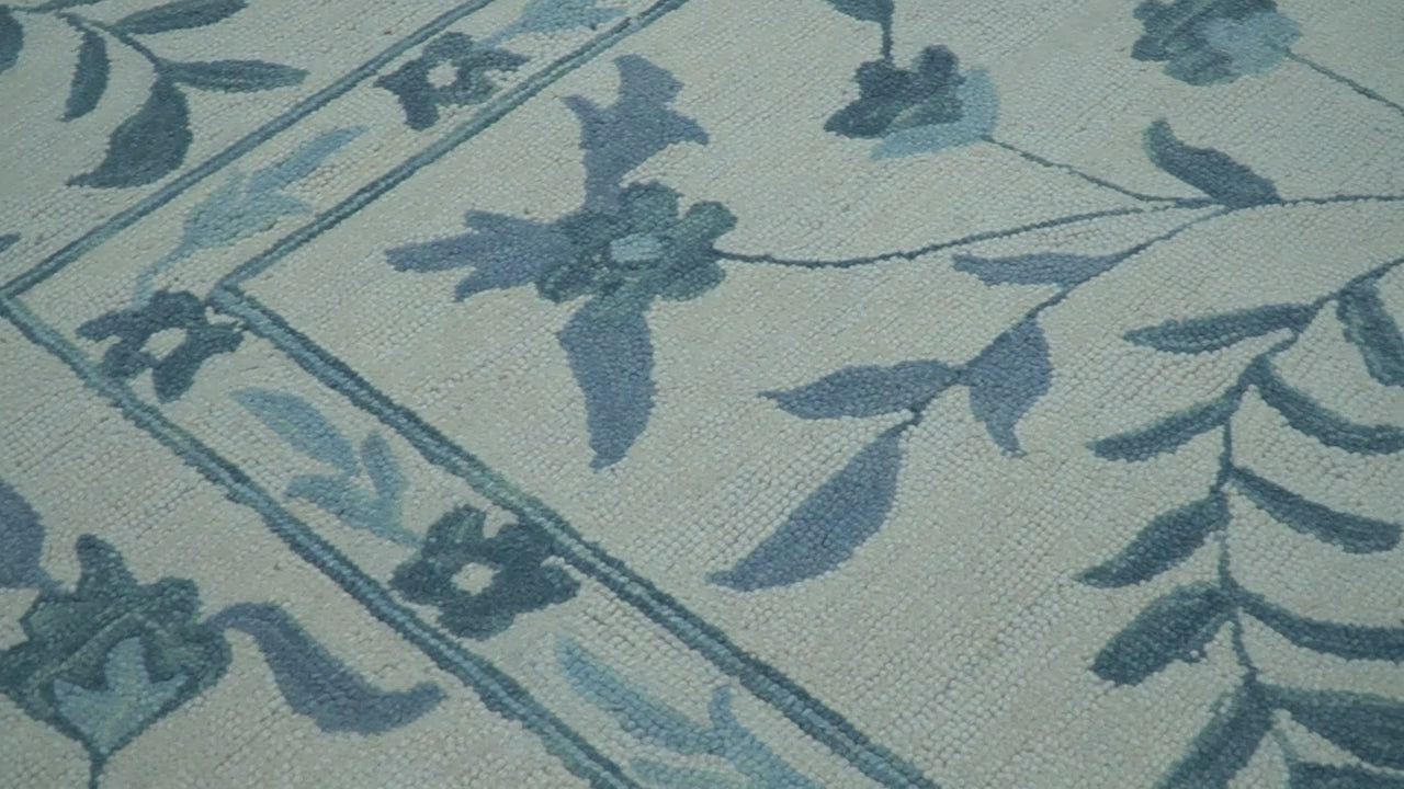 Custom Made Oriental Uzbek Design Floral Ivory And Blue Hand Tufted Wool Rug