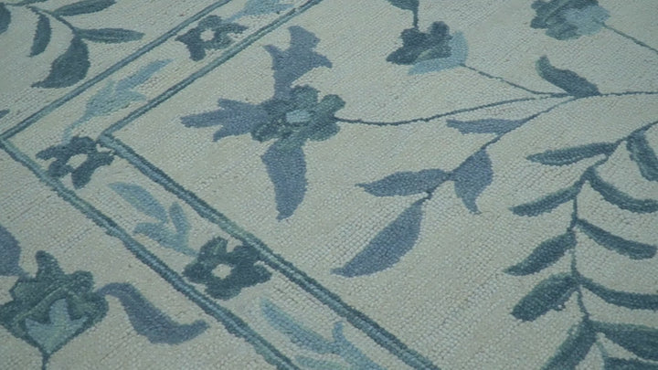 Custom Made Oriental Uzbek Design Floral Ivory And Blue Hand Tufted Wool Area Rug