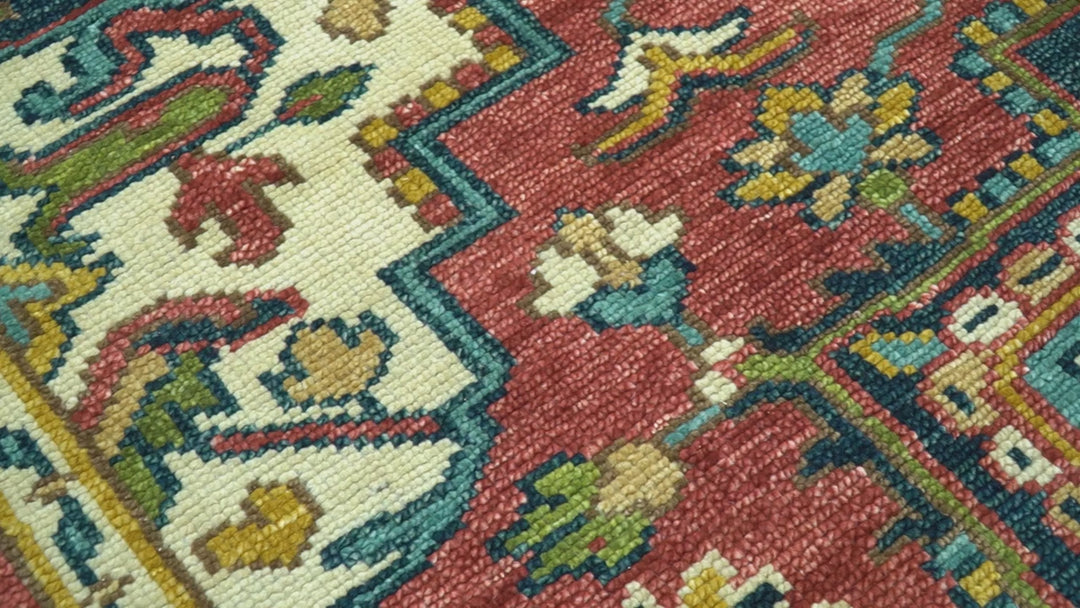 Custom Made Traditional Heriz Red And Ivory Hand Knotted Wool Rug