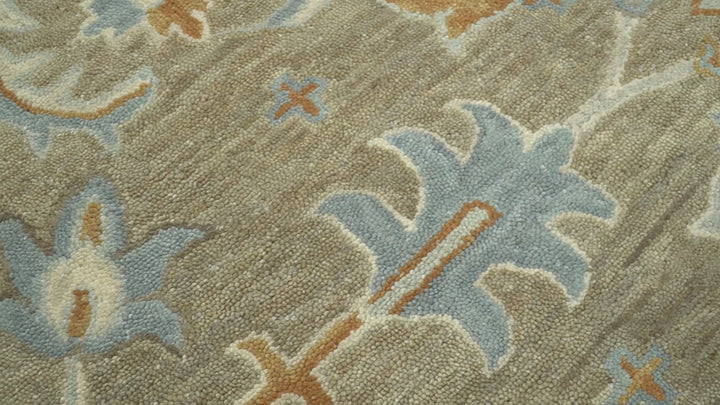 Custom Made Camel And Blue Traditional Oushak Design Hand Tufted Wool Area Rug