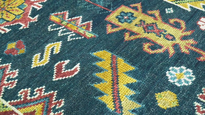 Custom Made Blue And Red Traditional Tribal Design Hand Knotted Wool Rug