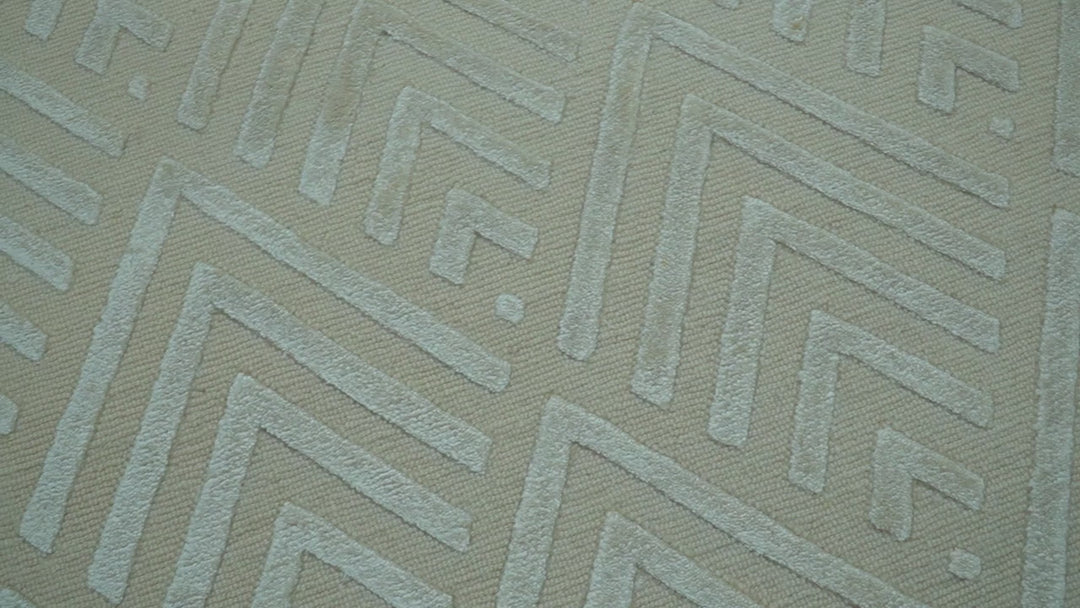 Modern Geometric Pattern Ivory And Beige Hand Knotted 9x12 Area Rug