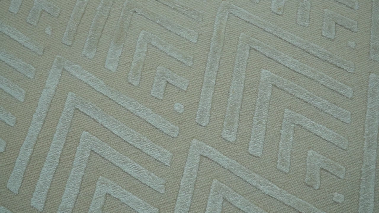 Modern Geometric Pattern Ivory And Beige Hand Knotted 9x12 Area Rug