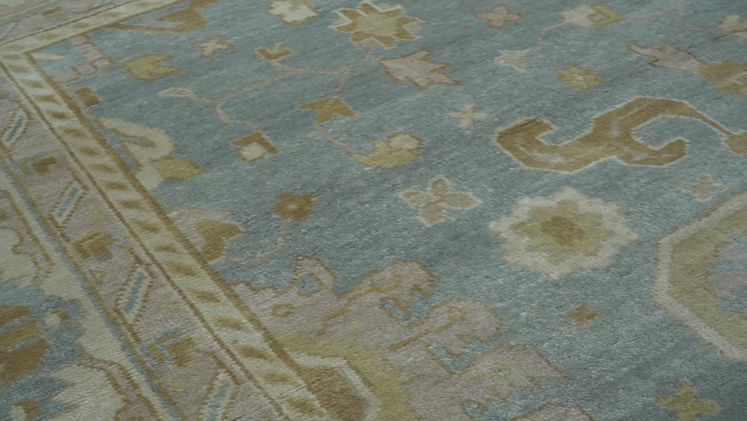 Traditional Oushak Design Blue And Beige 10x14 Hand Knotted Wool Rug