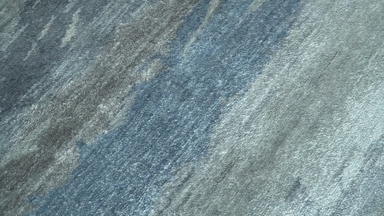 Modern Abstract Pattern Blue And Silver Hand Knotted 4x6 Bamboo Silk Area Rug