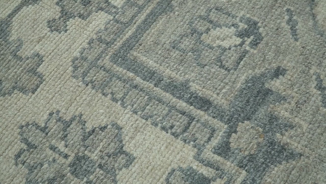 Gray And Beige Turkish Design Hand Knotted Custom Made Wool And Linen Rug