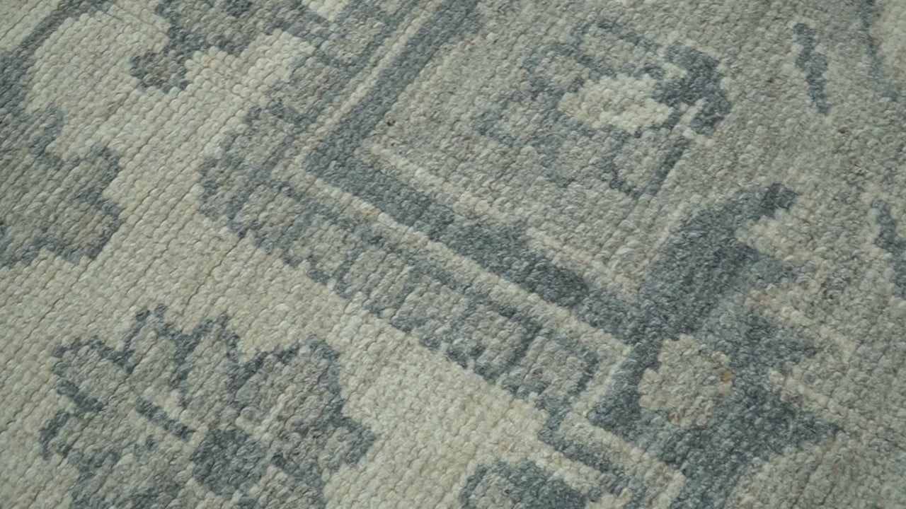 Gray And Beige Turkish Design Hand Knotted Custom Made Wool And Linen Rug