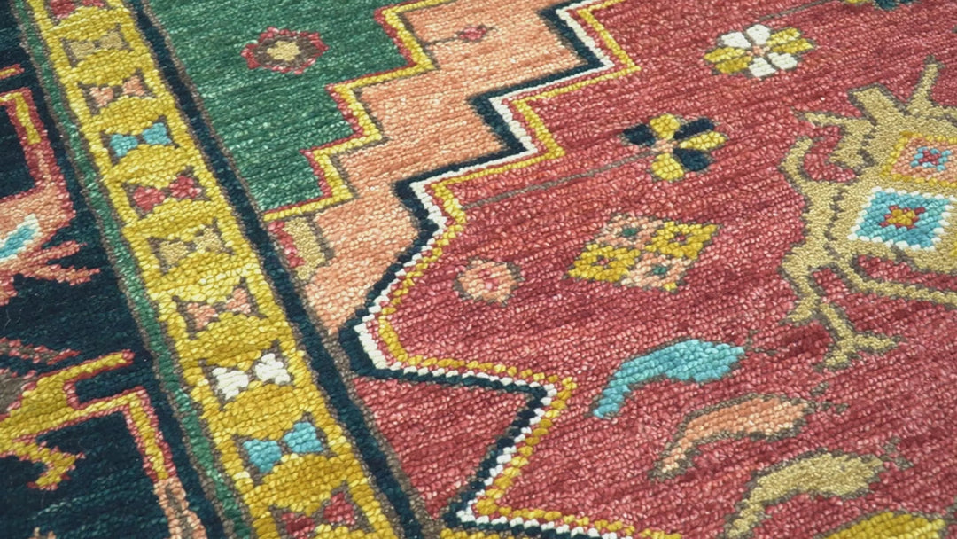 Custom Made Red And Green Traditional Heriz Design Hand Knotted Wool Rug