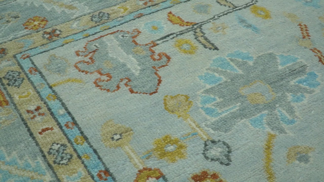 Hand Knotted Traditional Oushak Blue And Mustard Wool Rug