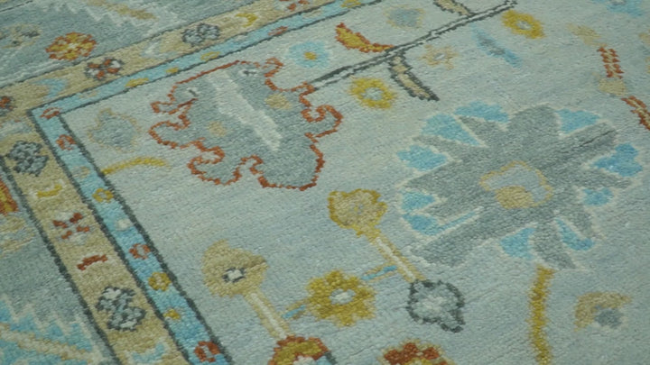 Hand Knotted Traditional Oushak Blue And Mustard Wool Rug