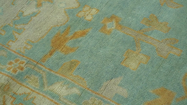 Beige And Blue Traditional 8x10 Hand Knotted Wool Area Rug