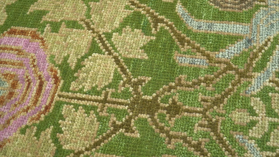 Custom Made Green And Pink Traditional Donegal Design Hand Knotted wool area rug