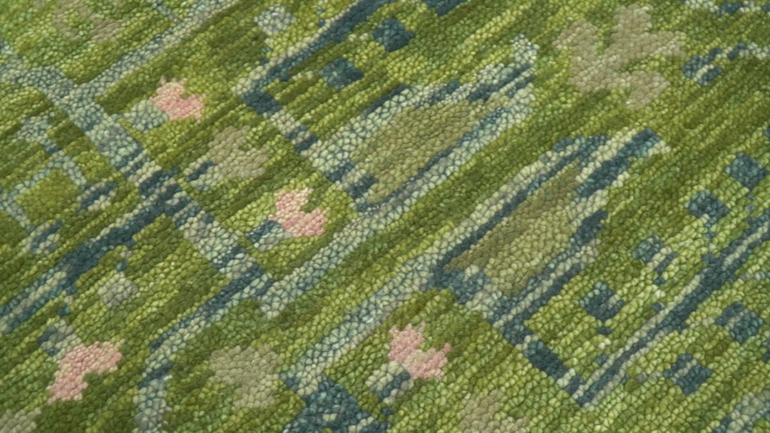 Transitional Design Green And Blue Hand Knotted Custom Made Wool Rug