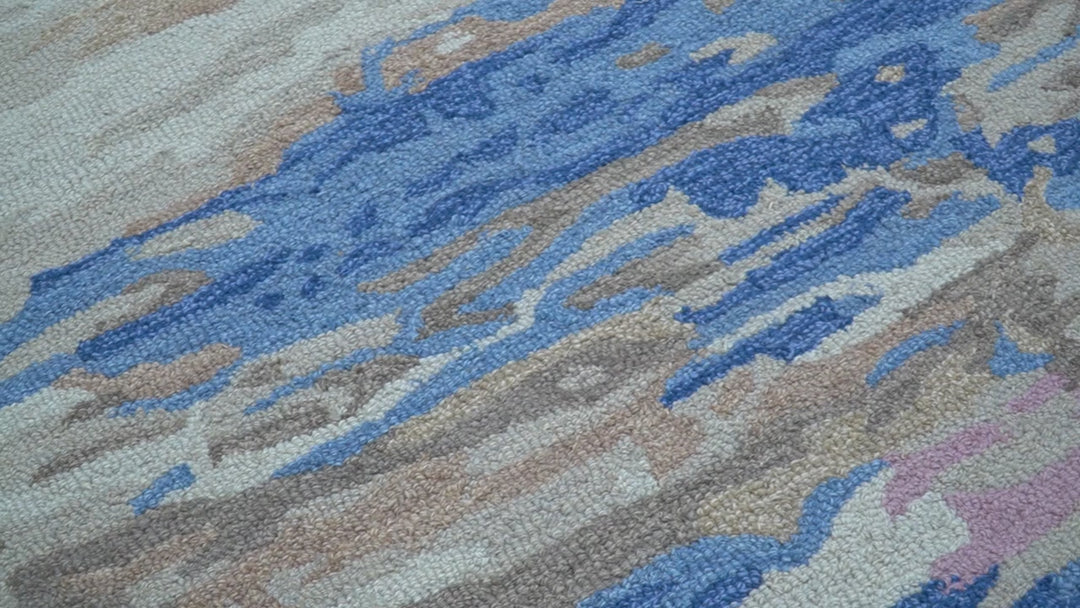 Custom Made Modern Abstract Silver And Blue Hand Tufted Wool  Rug