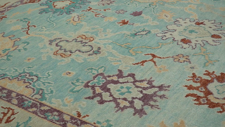 Teal And Beige Traditional Oushak Hand Knotted Wool Area Rug