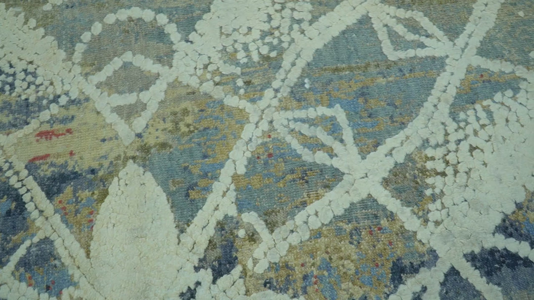 Modern Abstract Design Blue And Beige Hand Knotted 8x10 Wool And Real Silk Area Rug