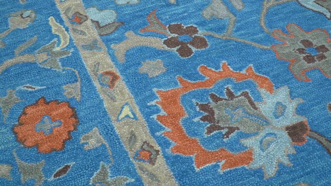 Custom Made Traditional Oushak Blue And Beige Hand Tufted Wool Rug