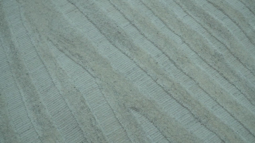 Modern Geometrical Pattern Ivory and Silver Hand Knotted 10x13 Wool Rug