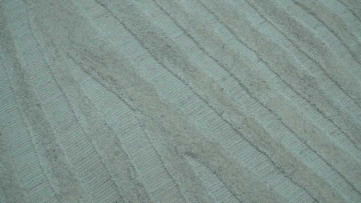 Modern Geometrical Pattern Ivory and Silver Hand Knotted 10x13 Wool Rug