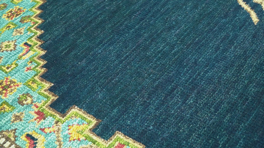 Custom Made Traditional Serapi Design Blue And Mustard Hand Knotted Wool Rug