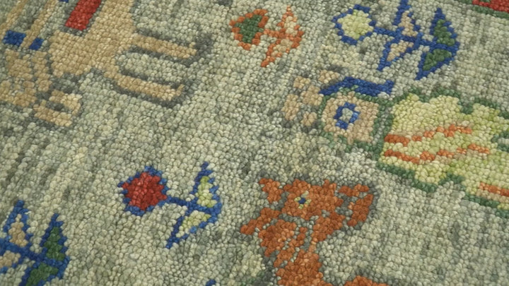 Custom Made Greenish Beige, Rust And Blue Folk Art Hand Knotted Wool Area Rug