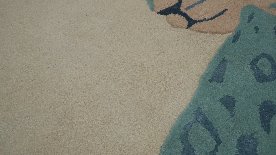 Custom Made Modern Animal Pattern Teal And Beige Hand Tufted Wool Area Rug