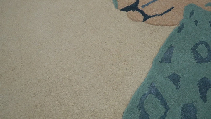 Custom Made Modern Animal Pattern Teal And Beige Hand Tufted Wool Area Rug