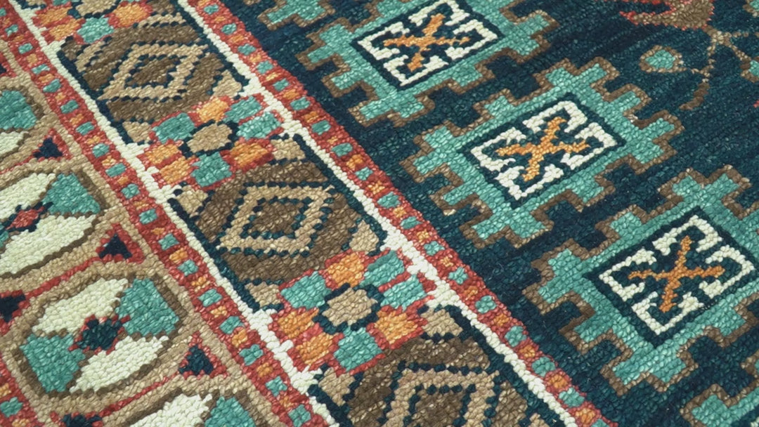 Custom Made Teal And Brown Traditional Tribal Design Hand Knotted Wool Rug