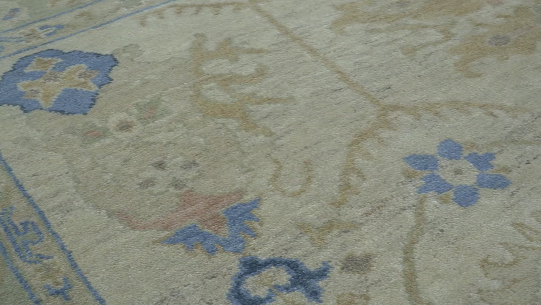 Custom Made Hand Knotted Beige and Blue Traditional Turkish Wool Rug