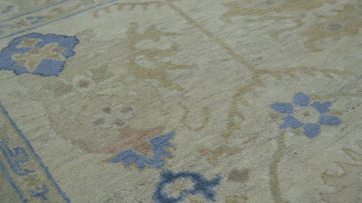 Custom Made Hand Knotted Beige and Blue Traditional Turkish Wool Rug