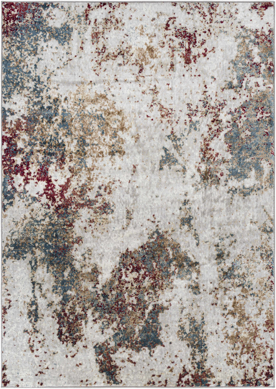 Multicolor abstract area rug with cream base and blue, red, and brown mottled pattern.