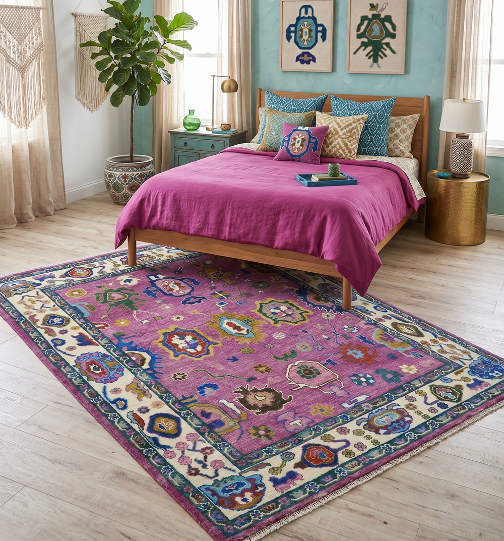 Purple And Ivory Hand knotted Modern Oushak Wool Area Rug - The Rug Decor