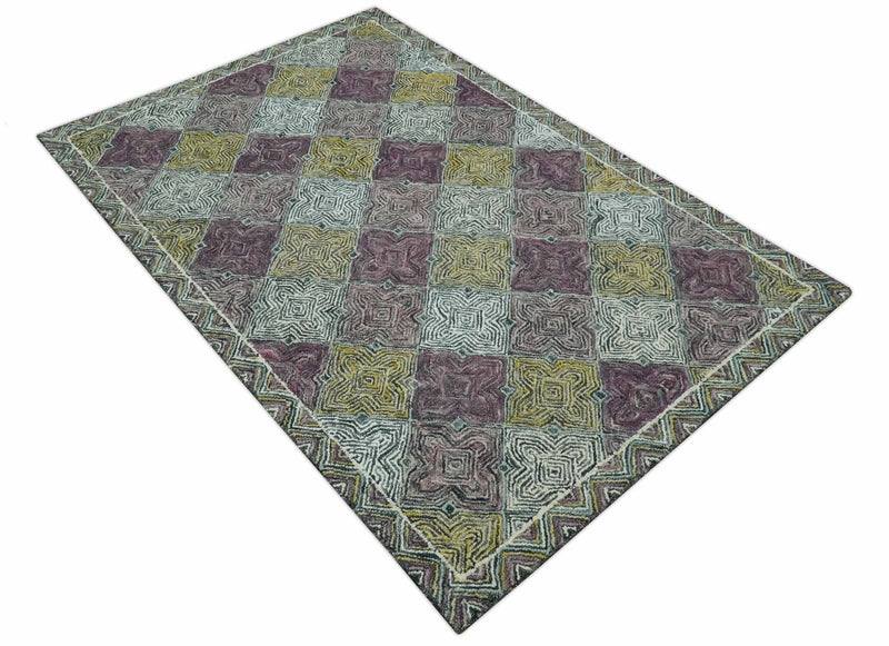 Purple, Ivory and Mustard Geometrical Spectrum Design 5x7.6 Hand Tufted wool area rug - The Rug Decor