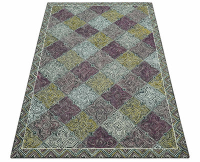 Purple, Ivory and Mustard Geometrical Spectrum Design 5x7.6 Hand Tufted wool area rug - The Rug Decor