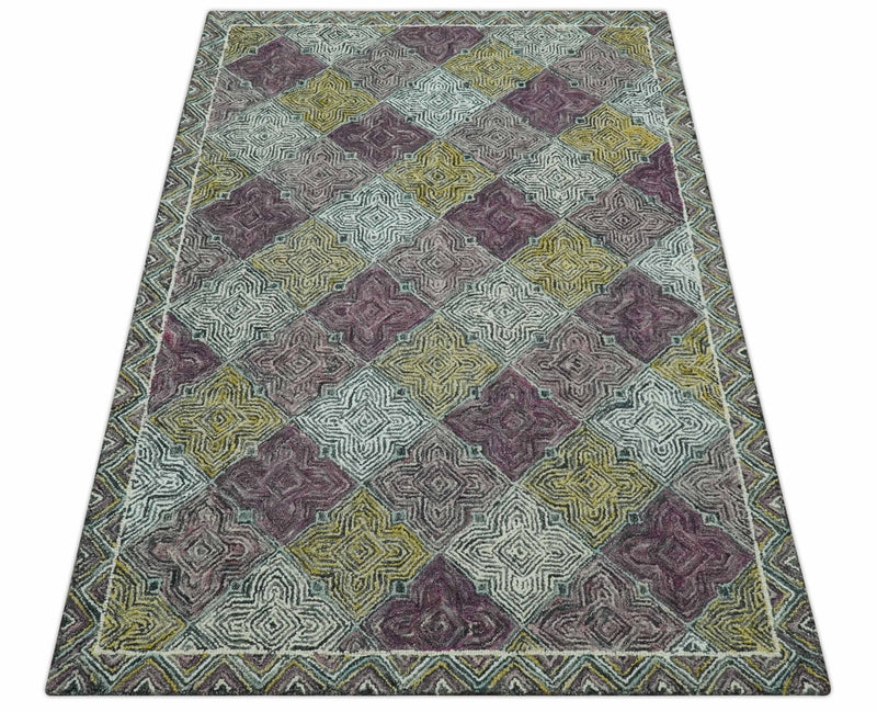 Purple, Ivory and Mustard Geometrical Spectrum Design 5x7.6 Hand Tufted wool area rug - The Rug Decor