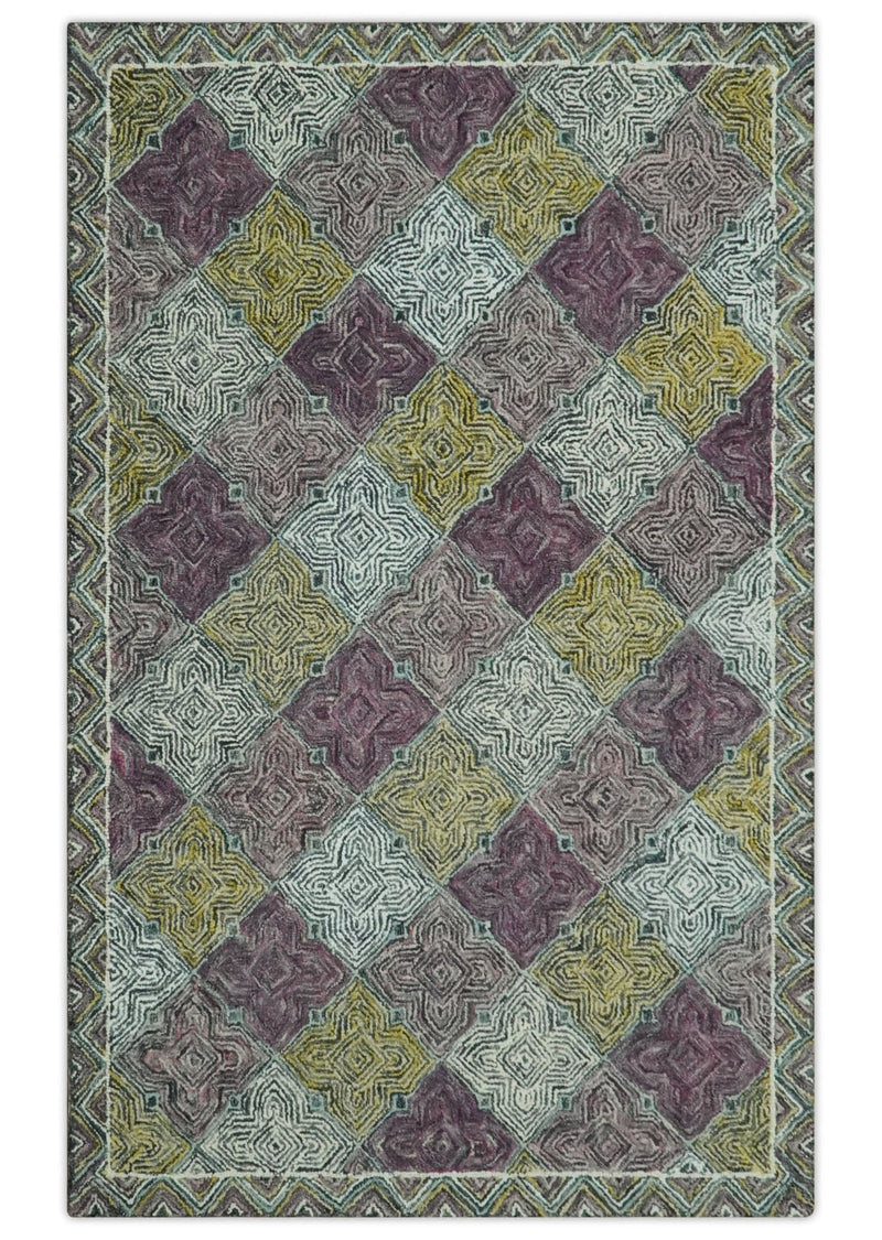 Purple, Ivory and Mustard Geometrical Spectrum Design 5x7.6 Hand Tufted wool area rug - The Rug Decor