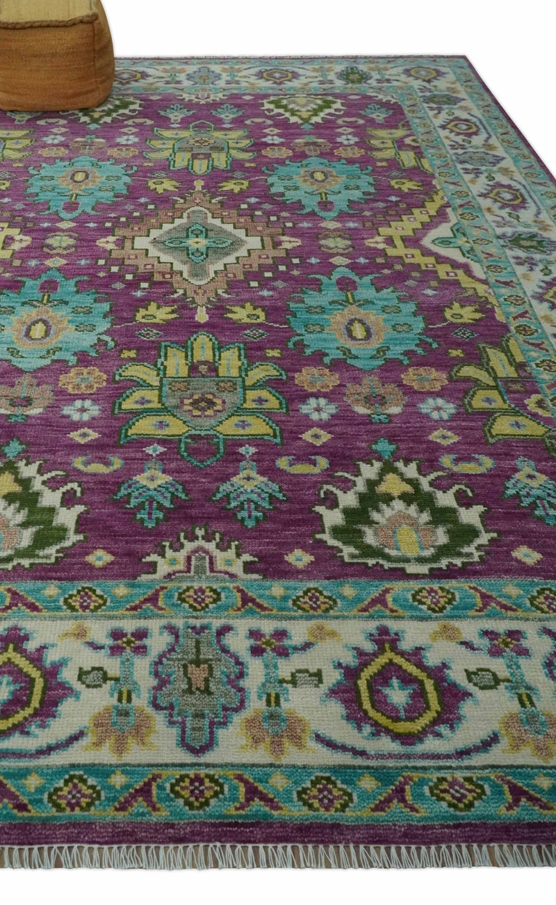 Purple, Ivory, Green and Aqua Hand Knotted Traditional Oushak 9x12 wool Area Rug - The Rug Decor