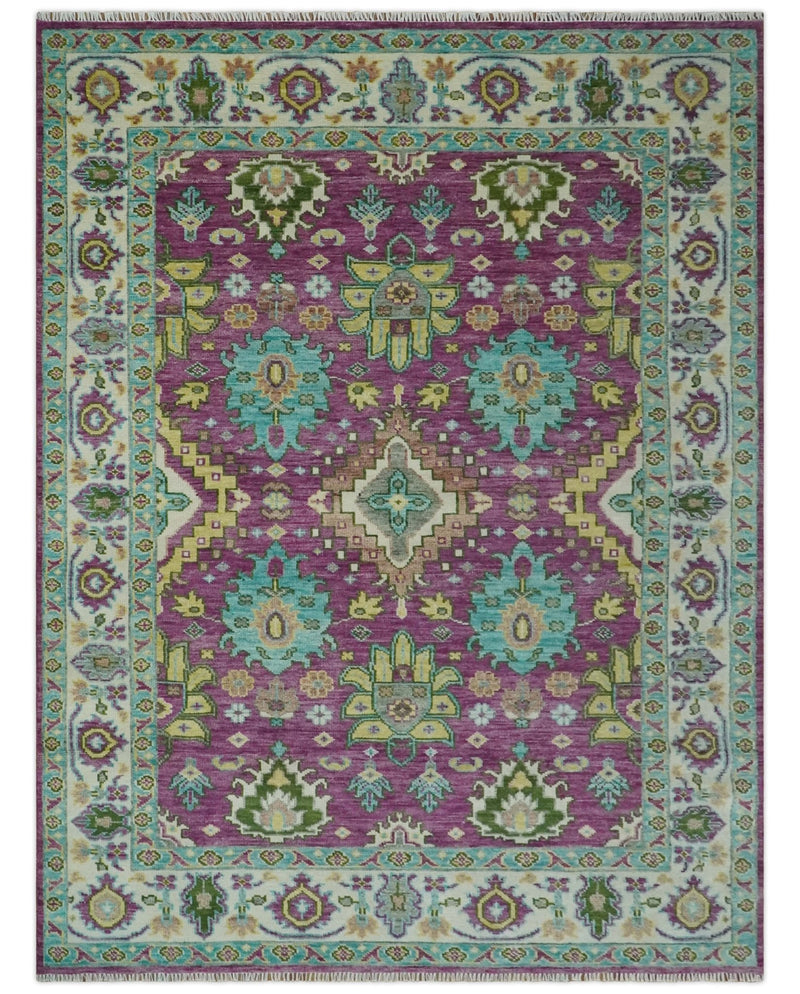 Purple, Ivory, Green and Aqua Hand Knotted Traditional Oushak 9x12 wool Area Rug - The Rug Decor