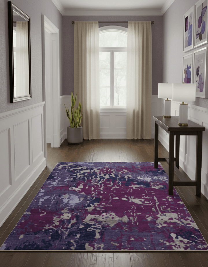 Purple, Violet, Gray and Blue Hand Knotted 4x6 Abstract Wool and Viscose Area Rug - The Rug Decor