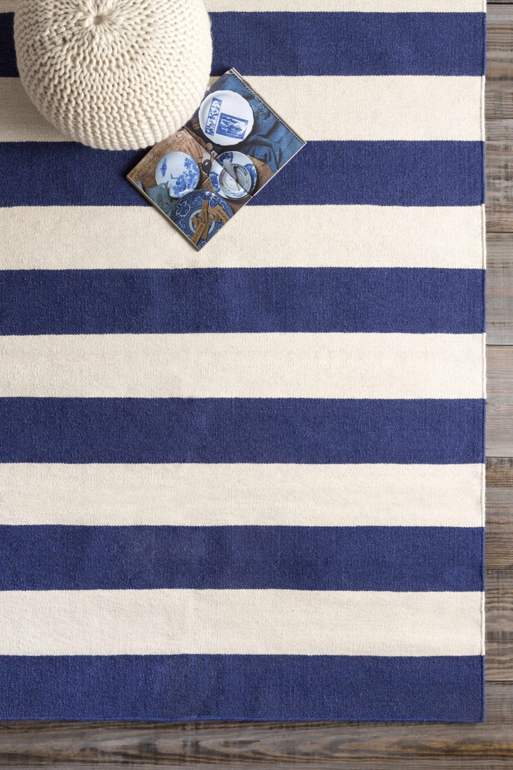 Queenborough Modern Stripes Navy And Ivory Hand Woven Wool Rug - The Rug Decor