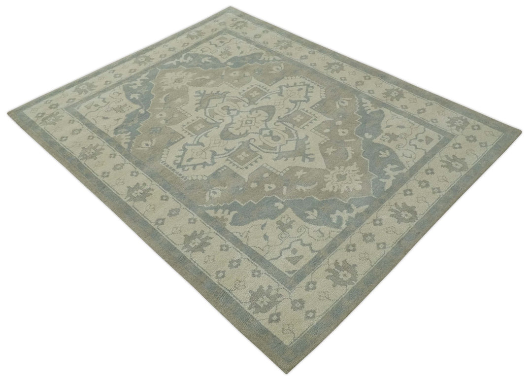 Quick Ship 10x14 Hand Knotted Medallion Beige and Charcoal Wool Area Rug - The Rug Decor
