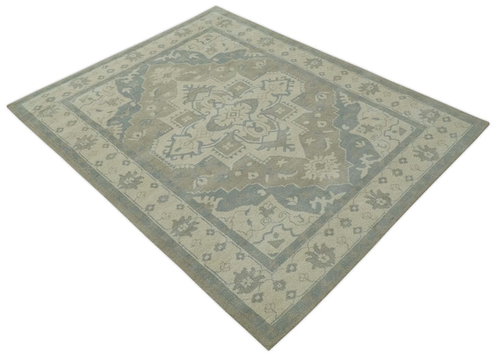 Quick Ship 10x14 Hand Knotted Medallion Beige and Charcoal Wool Area Rug - The Rug Decor