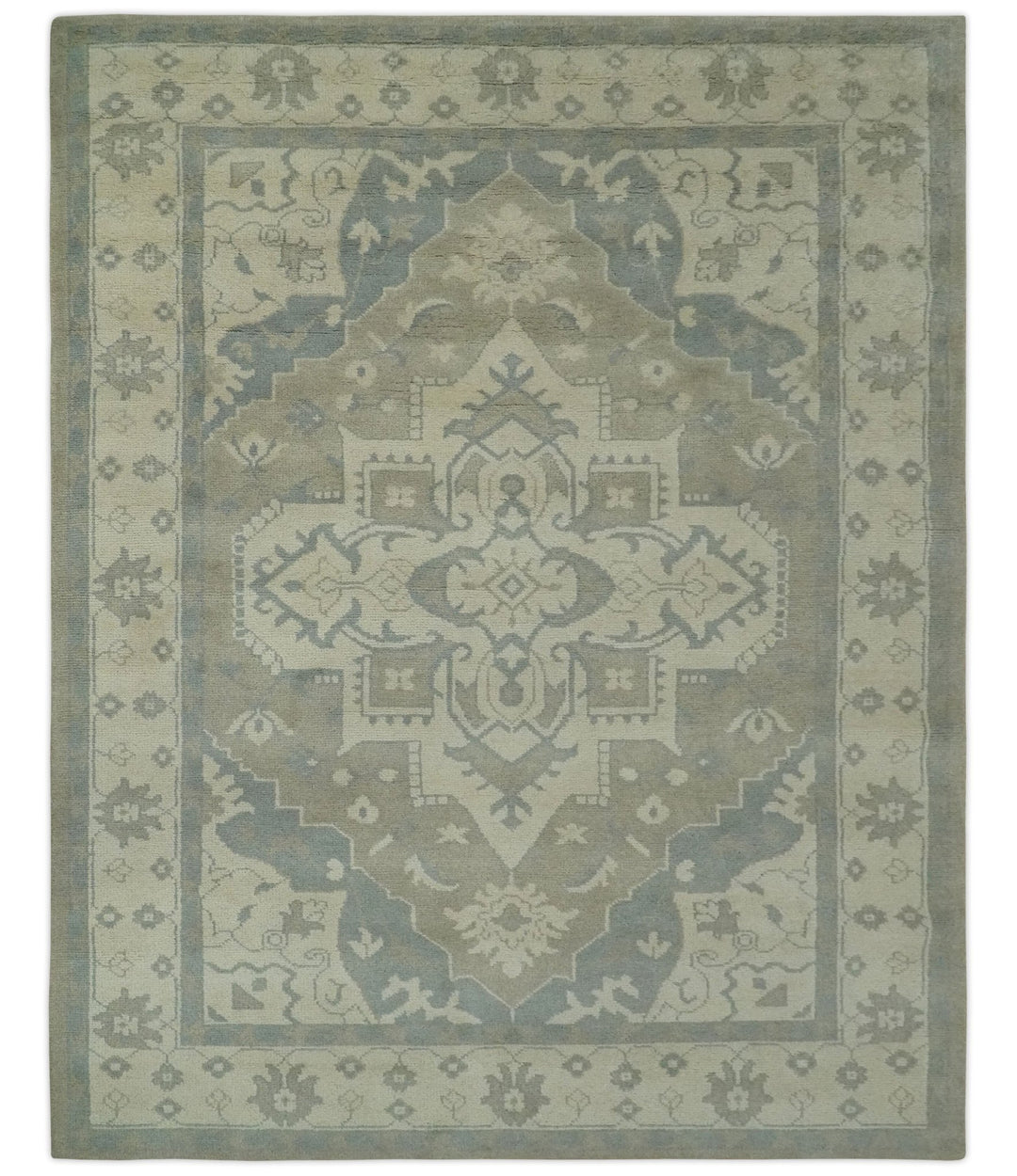 Quick Ship 10x14 Hand Knotted Medallion Beige and Charcoal Wool Area Rug - The Rug Decor