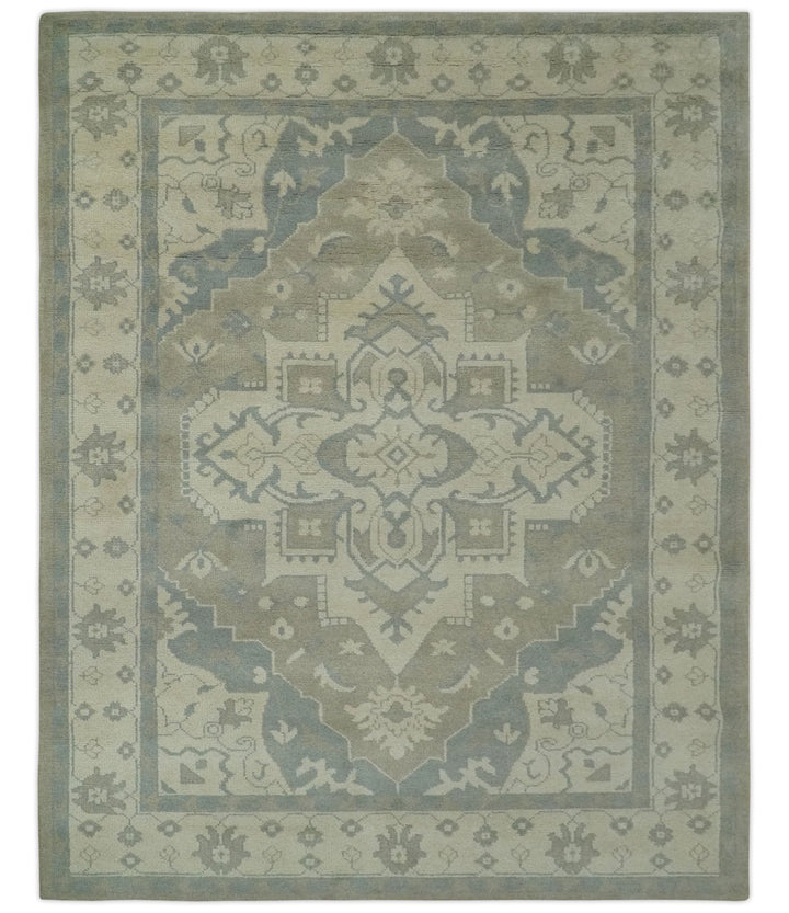 Quick Ship 10x14 Hand Knotted Medallion Beige and Charcoal Wool Area Rug - The Rug Decor