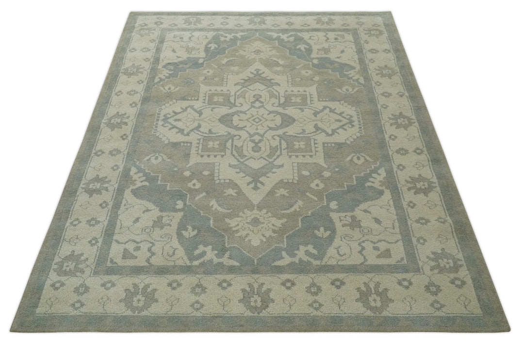 Quick Ship 10x14 Hand Knotted Medallion Beige and Charcoal Wool Area Rug - The Rug Decor