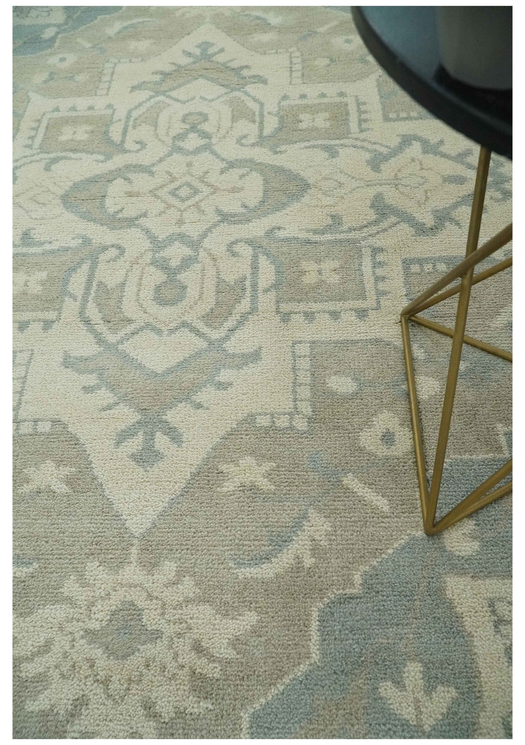 Quick Ship 10x14 Hand Knotted Medallion Beige and Charcoal Wool Area Rug - The Rug Decor