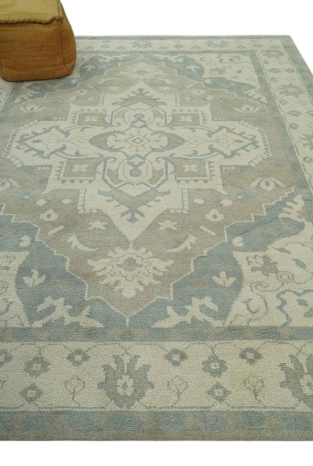 Quick Ship 10x14 Hand Knotted Medallion Beige and Charcoal Wool Area Rug - The Rug Decor
