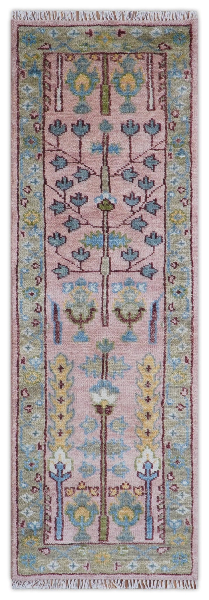 Quick Ship 2.6x8 Hand Knotted Tree of life Pink And Olive Wool Rug - The Rug Decor